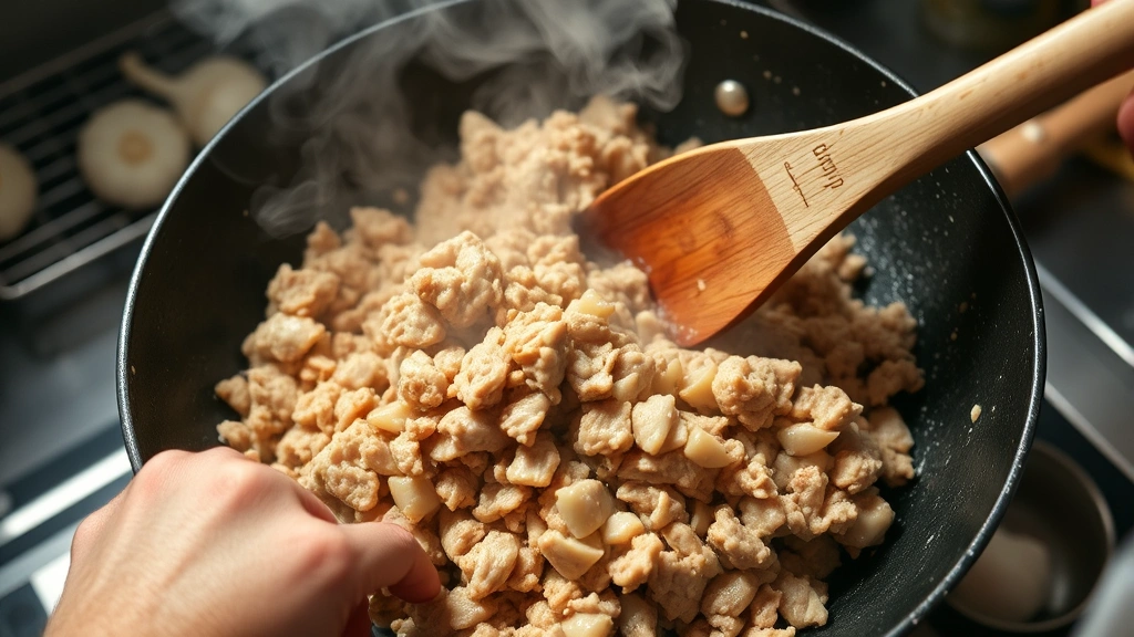 process: hands stirring ground chicken in hot wok with wooden spoon, steam rising, garlic and ginger visible, professional kitchen lighting, close-up perspective