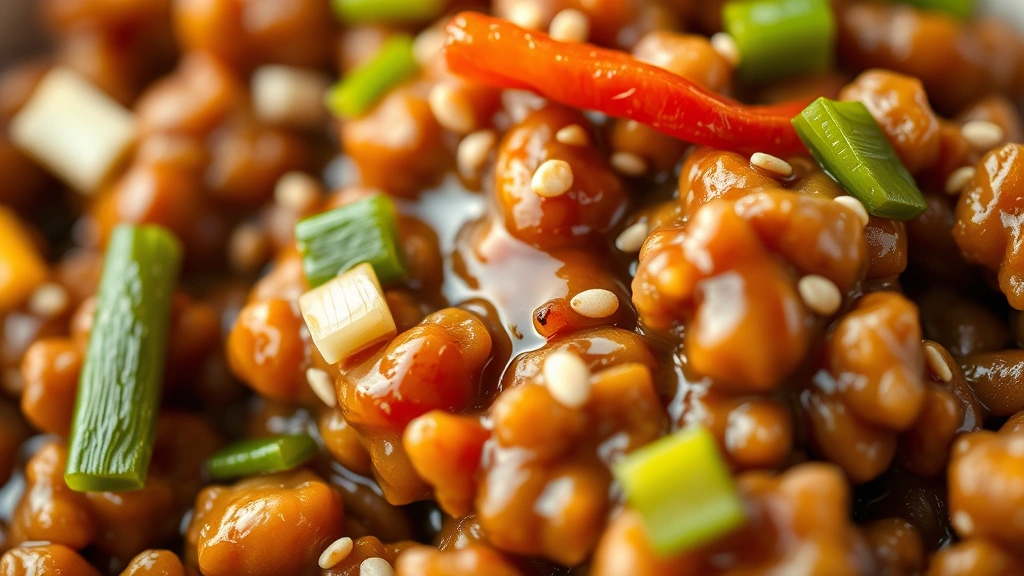 detail: close-up of glossy sauce-coated ground chicken with vegetables, sesame seeds and green onion garnish, shallow depth of field, warm natural light, macro photography style