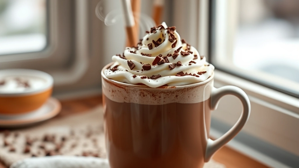 hero: steaming mug of hot chocolate topped with whipped cream and chocolate shavings, photorealistic, natural window light, no text