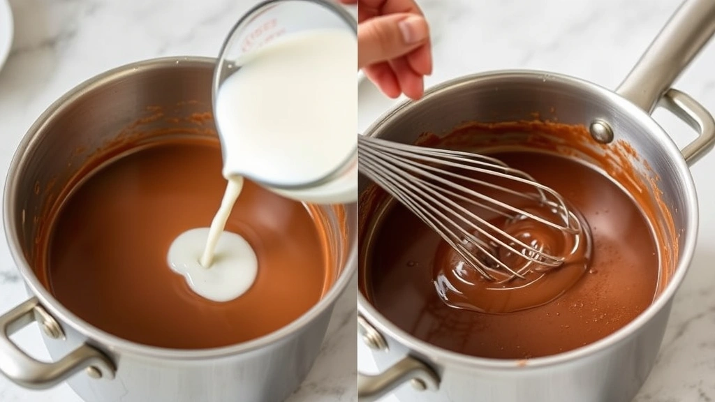process: pouring hot milk into cocoa powder mixture in saucepan, whisking, photorealistic, natural light, no text