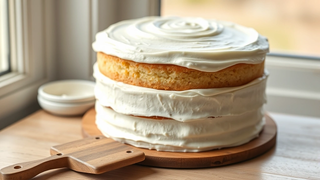 hero: creamy white buttercream icing frosted on a three-layer vanilla cake with a rustic wooden cake server, photorealistic, natural window light, no text
