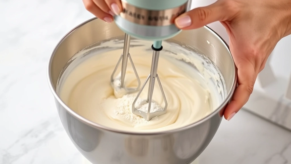 process: hands using electric mixer to beat pale fluffy icing in a stainless steel bowl, powdered sugar being added gradually, photorealistic, natural kitchen lighting, no text