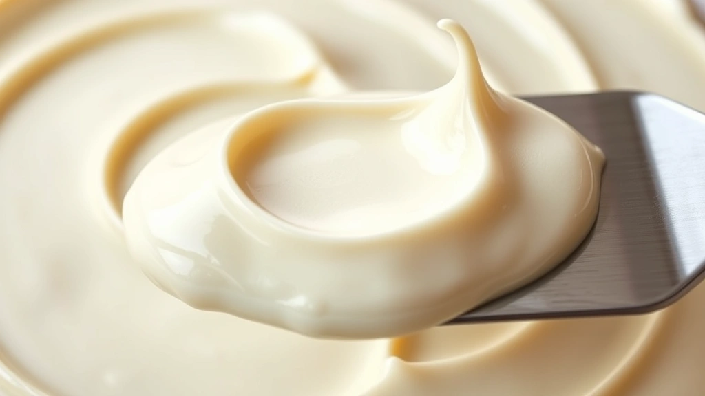 detail: close-up of smooth creamy icing texture with soft peaks on an offset spatula, showing glossy finish, photorealistic, natural light, no text