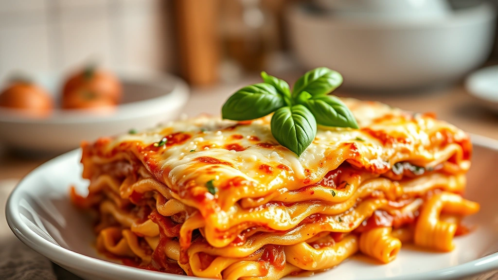 hero: completed lasagna with melted golden cheese on top, fresh basil garnish, steam rising, served in white ceramic dish, warm kitchen lighting, shallow depth of field