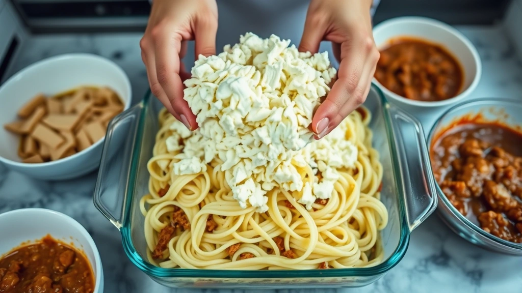 process: hands layering cottage cheese mixture onto noodles in baking dish, meat sauce visible, professional kitchen counter, bright natural window light, overhead angle