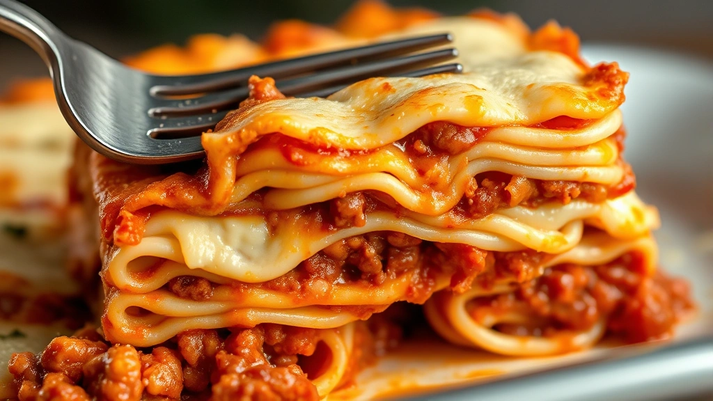 detail: close-up cross-section of baked lasagna showing cottage cheese layer, meat sauce, and noodle layers, fork lifting a piece, creamy texture visible, warm golden lighting