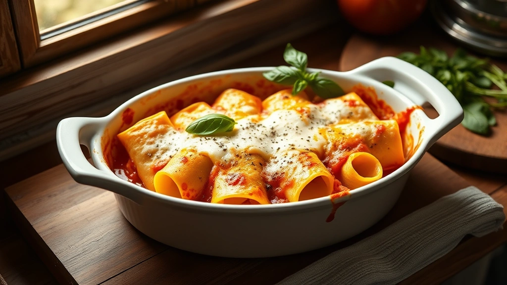hero: golden bubbling baked manicotti in white ceramic dish with fresh basil garnish, melted mozzarella cheese on top, photorealistic, warm natural window light, top-down angle, no text, rustic Italian kitchen setting