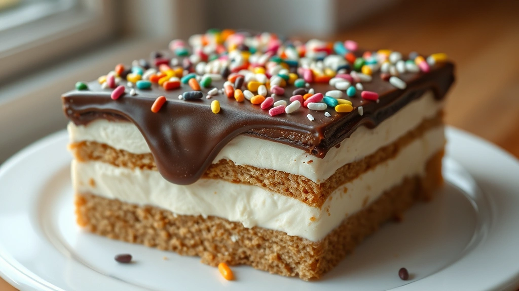 hero: finished no-bake dessert with layers of graham cracker crust, cream filling, and chocolate topping with colorful sprinkles, photorealistic, natural light from window, no text, shot from above slightly angled