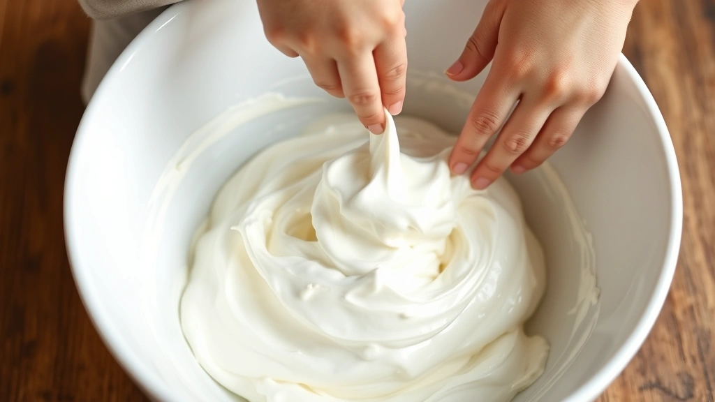 process: child's hands folding whipped cream into cream cheese mixture in a white bowl, photorealistic, bright natural light, no text, close enough to see the folding action