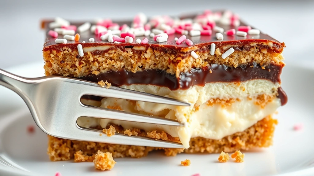 detail: close-up cross-section of the layered dessert showing distinct graham cracker crust, creamy filling, and shiny chocolate layer with sprinkles, photorealistic, natural light, no text, fork ready to take a bite