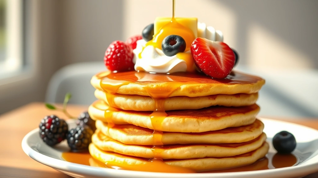 hero: stack of golden fluffy pancakes with butter melting on top and maple syrup drizzling down, topped with fresh berries and whipped cream, photorealistic, bright natural morning light streaming from side, no text, warm inviting aesthetic