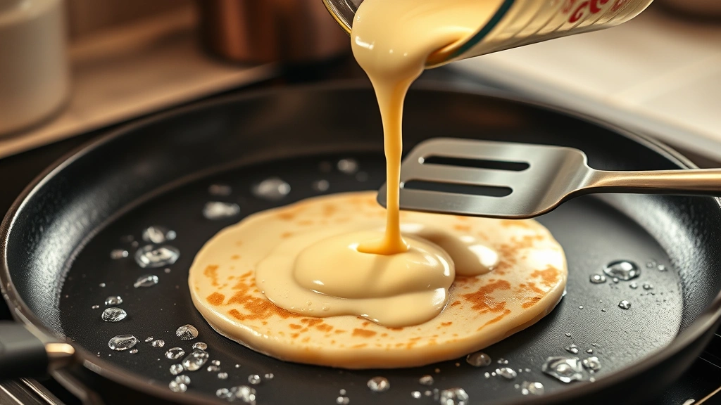 process: pouring pancake batter onto hot griddle with bubbles forming on surface, spatula ready to flip, photorealistic, warm kitchen lighting, no text, action shot