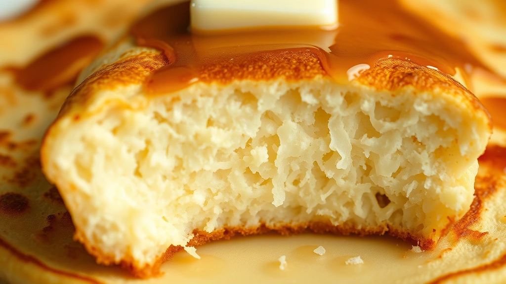 detail: close-up of perfectly fluffy pancake cross-section showing interior texture, golden brown exterior, butter melting on top surface, photorealistic, natural light, no text, macro photography style