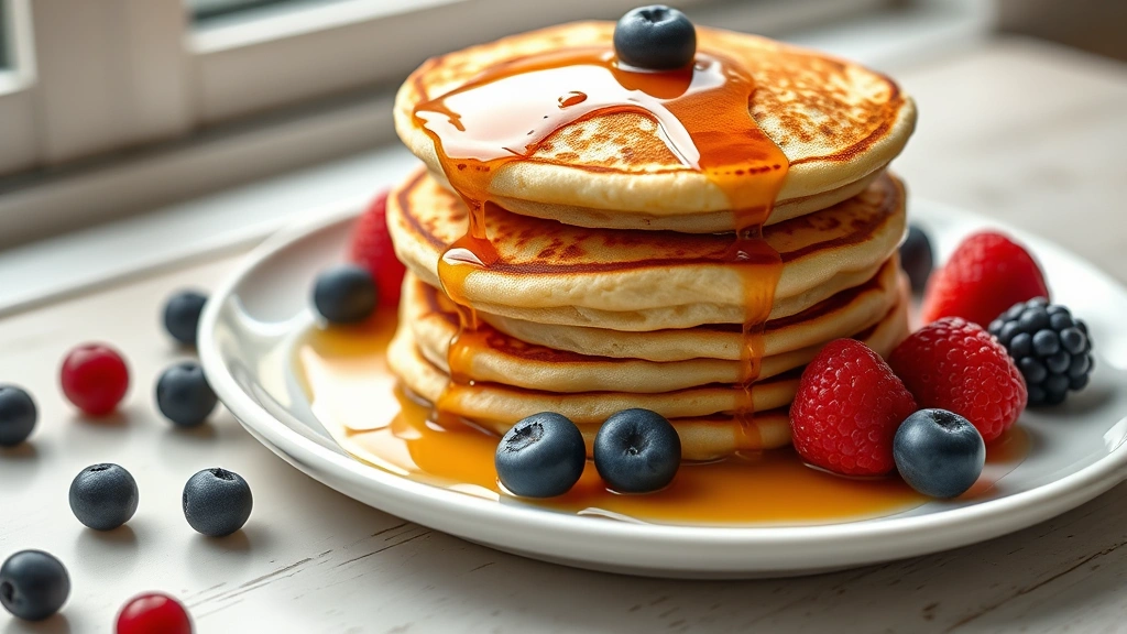 hero: stack of three golden fluffy pancakes on white plate with fresh berries and maple syrup dripping down, photorealistic, natural window light, food styling, no text