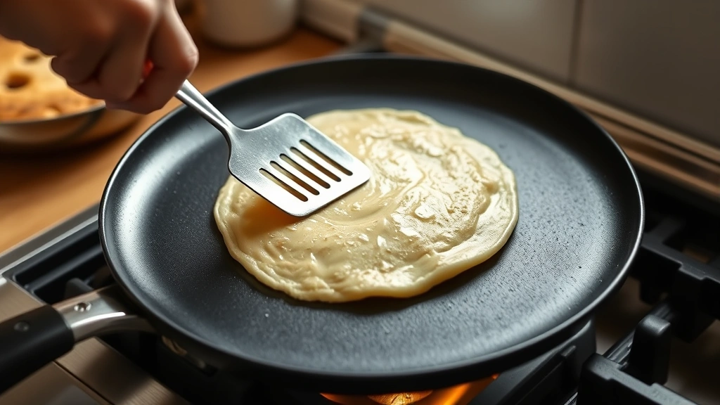 process: hand flipping pancake on hot griddle with spatula, golden bottom visible, photorealistic, bright kitchen light, no text