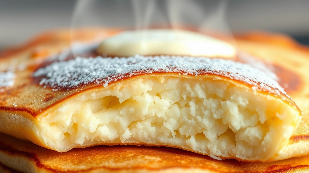 detail: close-up of pancake cross-section showing fluffy interior texture with steam rising, photorealistic, macro photography, natural lighting, no text