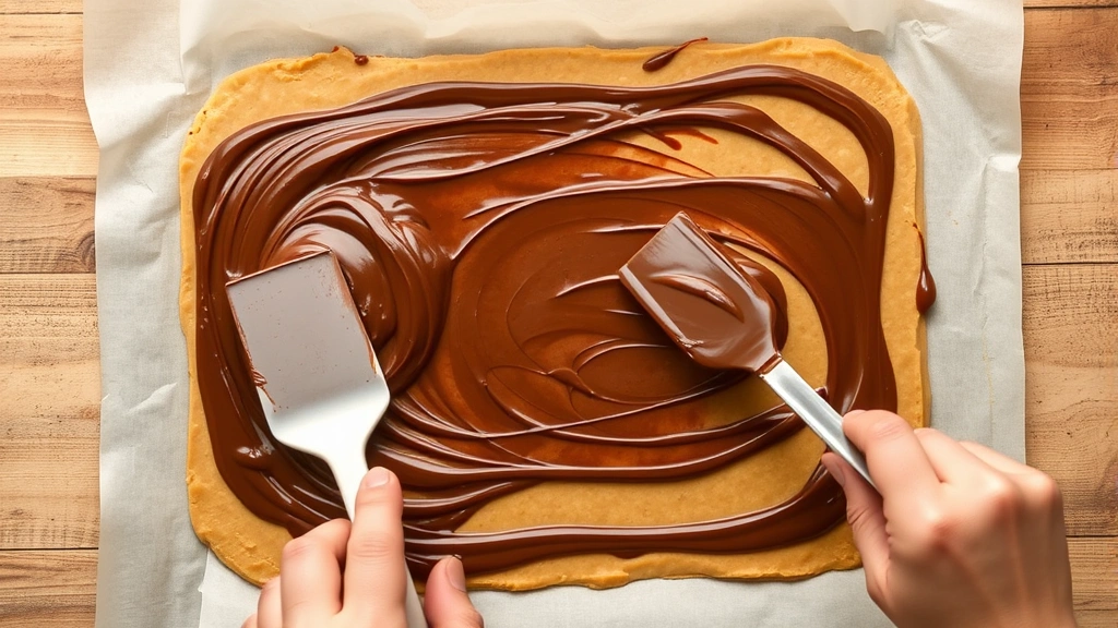 process: hands spreading melted chocolate over peanut butter fudge layer using a spatula, overhead shot, photorealistic, natural kitchen lighting, parchment paper visible, no text