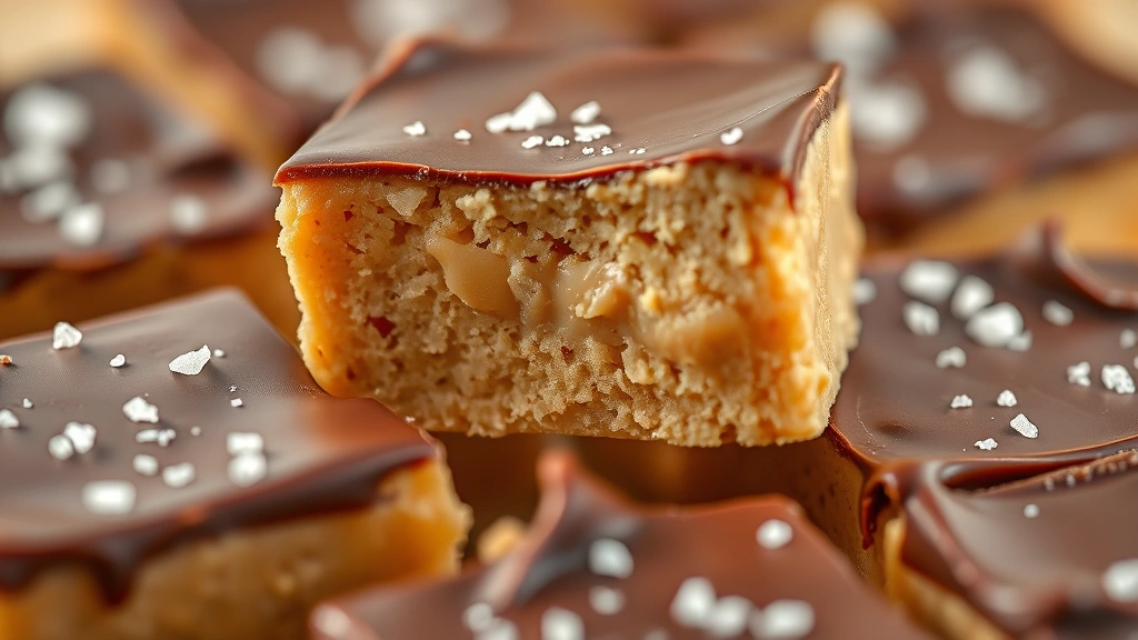 detail: extreme close-up of cut peanut butter fudge square showing creamy peanut butter center and glossy chocolate coating with salt crystals, photorealistic, bright natural light, shallow depth of field, no text
