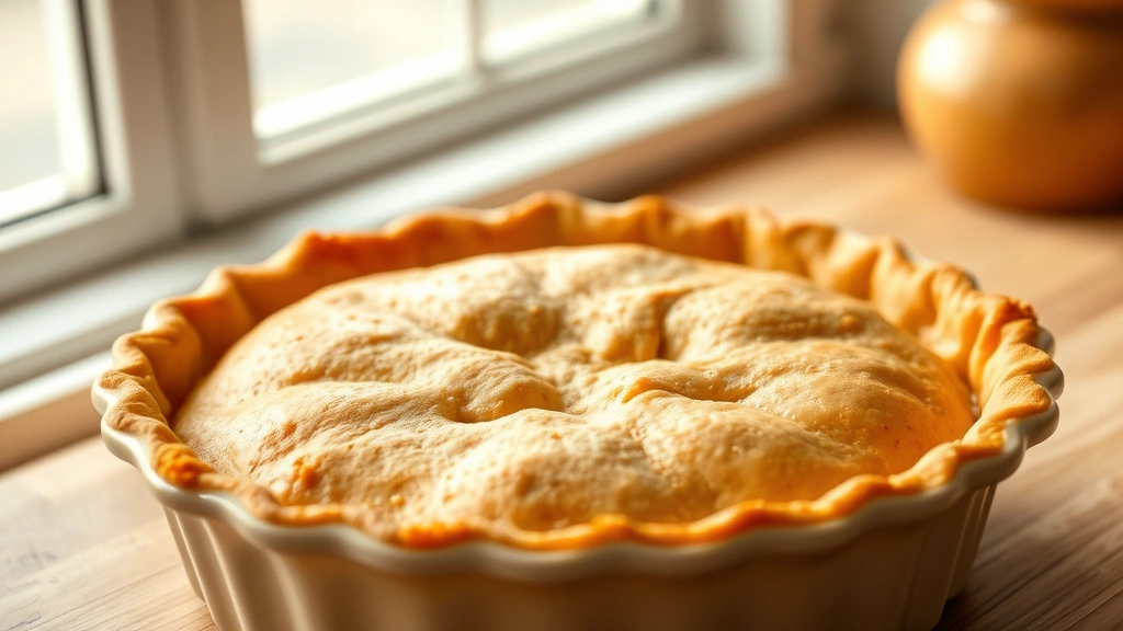hero: golden-brown homemade pie crust in ceramic pie dish, photorealistic, warm natural window light, no text