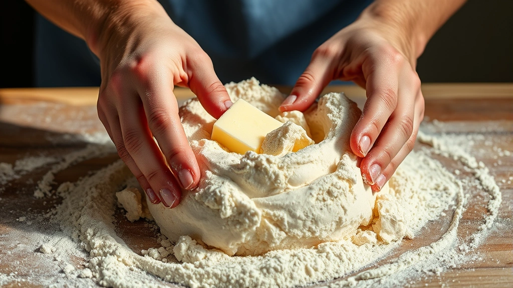 process: hands working cold butter into flour mixture creating breadcrumb texture, photorealistic, bright natural light, no text