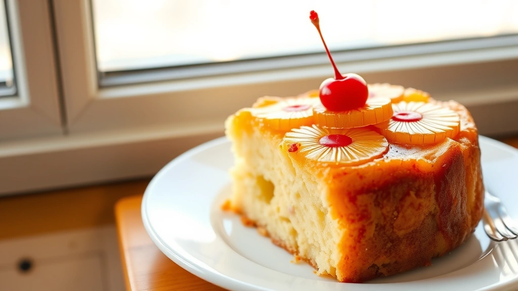 hero: golden-brown pineapple upside down cake with caramelized pineapple slices and maraschino cherries on top, served on white plate, natural window light, warm and inviting, photorealistic, no text