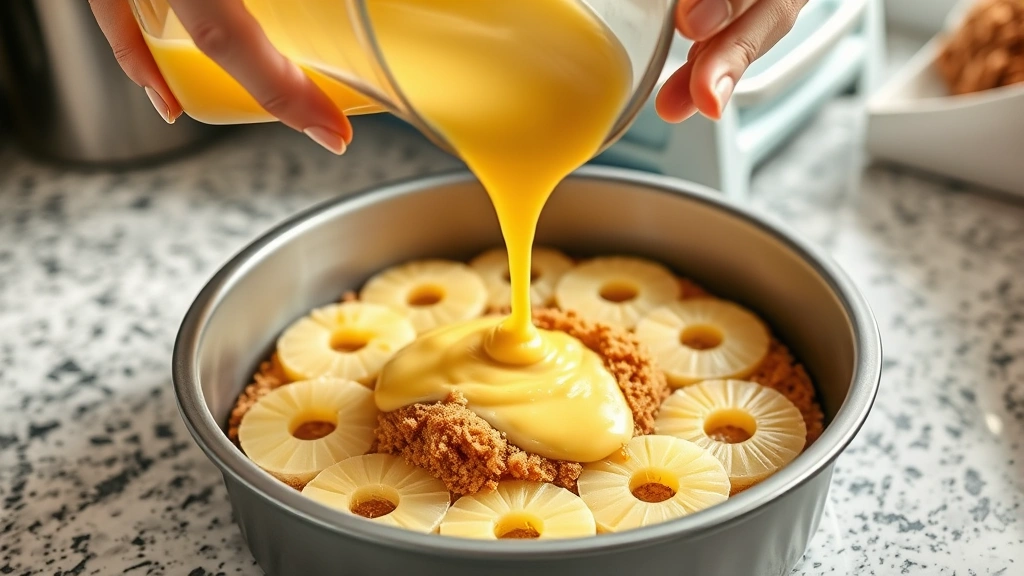process: hands pouring yellow cake batter over arranged pineapple rings and brown sugar in round cake pan, kitchen counter setting, natural light, photorealistic, no text