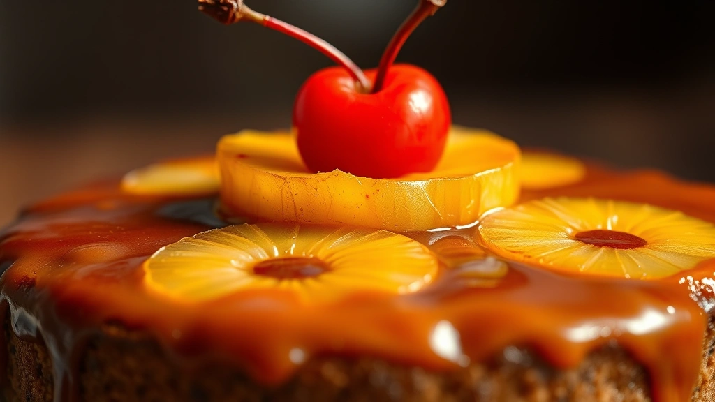 detail: close-up of caramelized pineapple and cherry on top of finished cake with glossy brown sugar glaze, shallow depth of field, warm natural lighting, photorealistic, no text