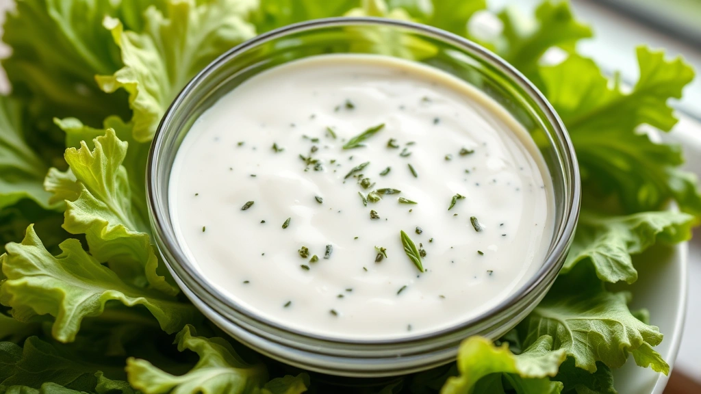 hero: creamy ranch dressing in a glass bowl with fresh herbs visible, drizzled over crisp lettuce leaves, photorealistic, natural window light, no text