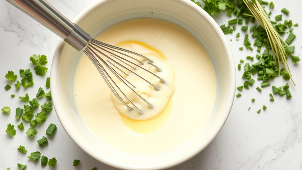 process: whisking mayonnaise and buttermilk together in a white ceramic bowl with fresh chopped herbs scattered nearby, photorealistic, bright kitchen lighting, no text