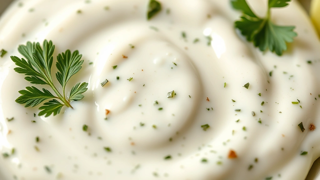 detail: close-up of fresh ranch dressing with visible herb flecks and creamy texture, garnished with parsley sprig, photorealistic, soft natural light, no text