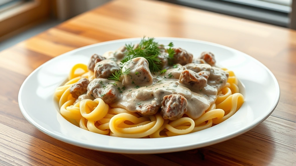 hero: beef stroganoff served on white plate with egg noodles, garnished with fresh dill and parsley, creamy sauce, soft natural window light, wooden table background, photorealistic, appetizing, no text