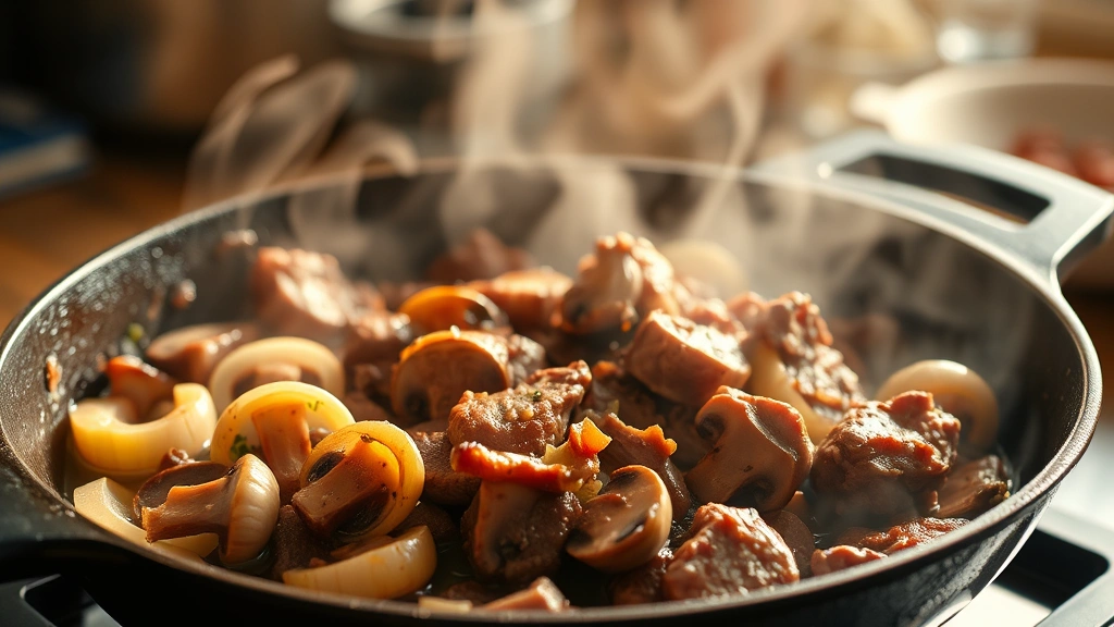 process: beef sizzling in cast iron skillet with mushrooms and onions, golden brown meat, steam rising, warm kitchen light, photorealistic, no text