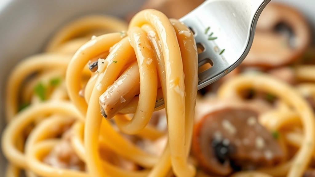 detail: close-up of fork twirling egg noodles with stroganoff sauce, creamy texture, mushroom piece visible, macro photography style, photorealistic, natural light, no text