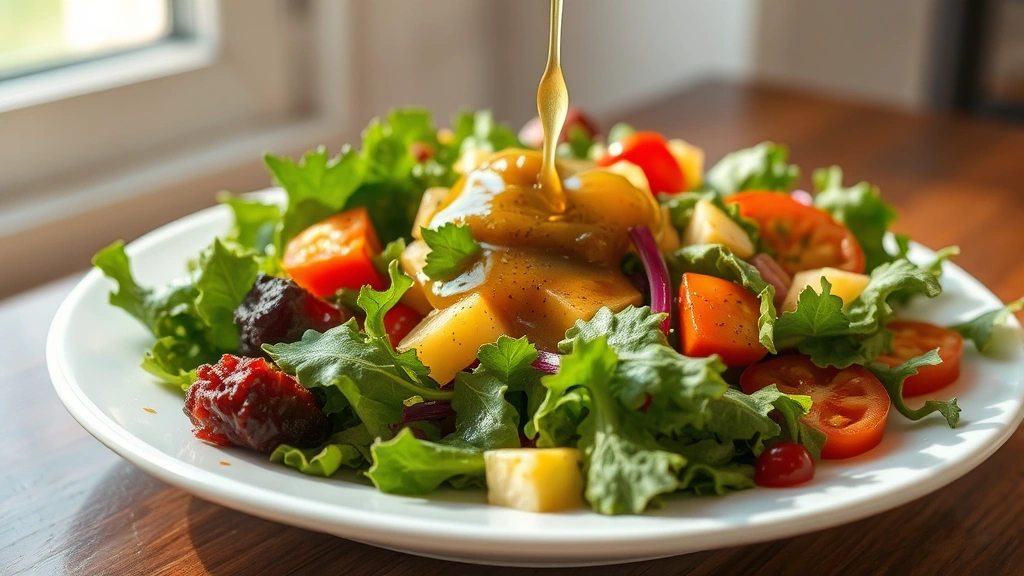 hero: fresh salad with homemade vinaigrette dressing drizzled over mixed greens and colorful vegetables, photorealistic, natural sunlight from window, no text, styled on white plate