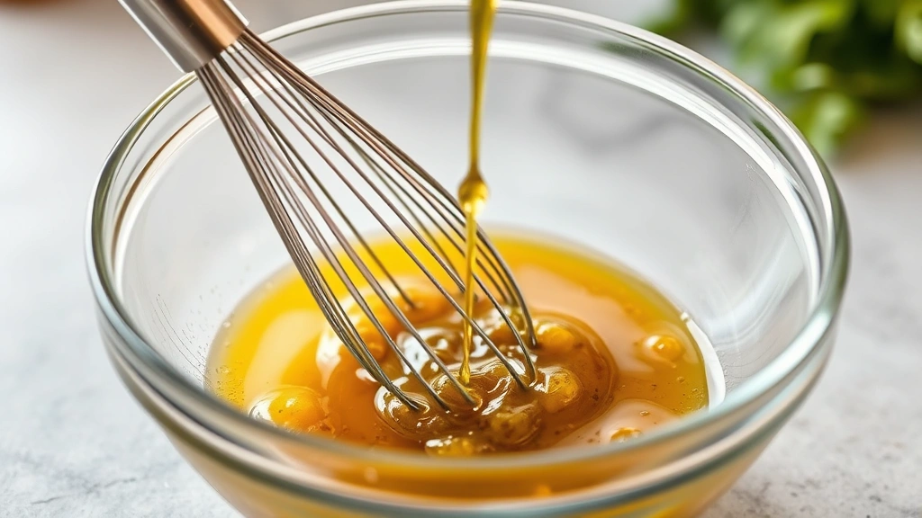 process: whisking vinaigrette ingredients in glass bowl, olive oil being drizzled in slowly, photorealistic, natural kitchen light, no text, close focus on emulsification