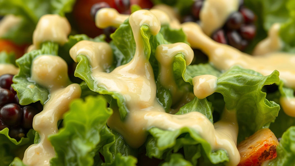 detail: close-up of salad leaves coated with creamy vinaigrette dressing, photorealistic, macro photography, natural light highlighting texture, no text, droplets of dressing visible