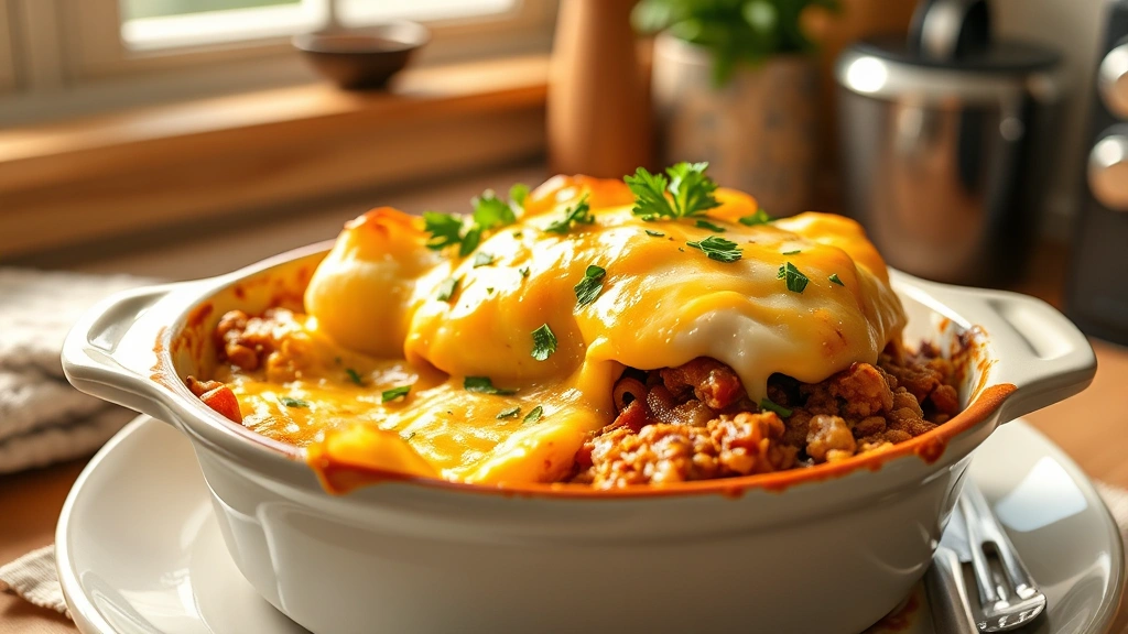 hero: golden-brown shepherd's pie with creamy mashed potato topping in a ceramic baking dish, freshly baked with melted cheese, natural window light, garnished with fresh parsley, cozy home kitchen setting, photorealistic, no text