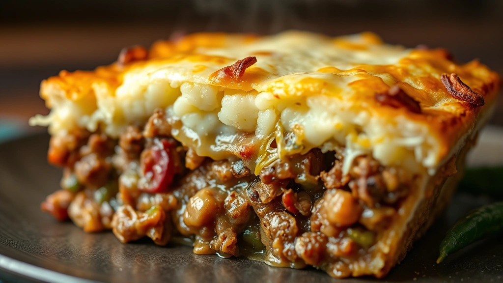 detail: close-up cross-section of shepherd's pie showing layers of golden mashed potatoes, melted cheese crust, savory meat filling with vegetables, steam rising, photorealistic, no text