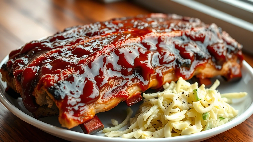 hero: perfectly cooked slow cooker ribs glazed with barbecue sauce, fall-off-the-bone texture, served on white plate with coleslaw, photorealistic, natural window lighting, no text, professional food photography