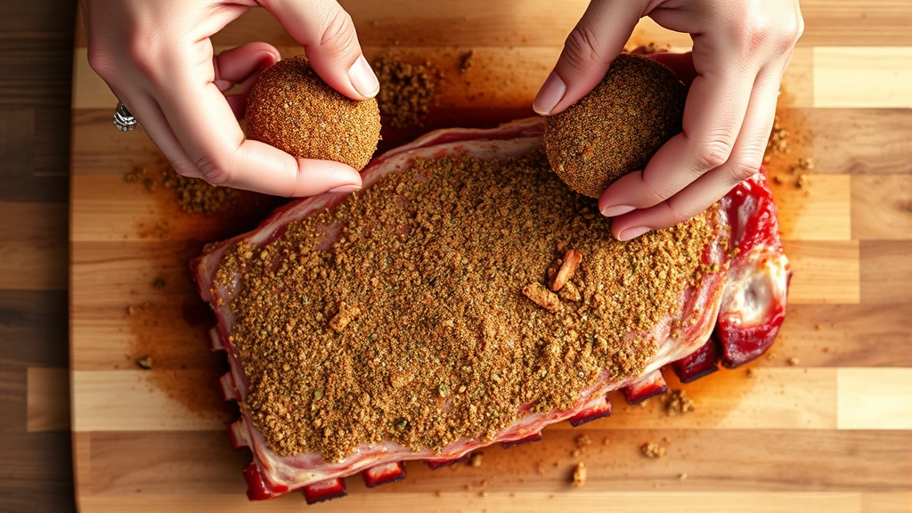 process: ribs being coated with dry rub spices on cutting board, hands applying seasoning generously, overhead shot, photorealistic, bright natural daylight, no text