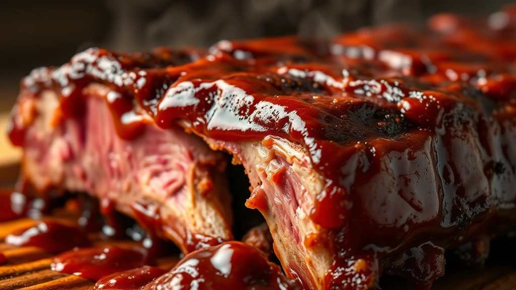detail: close-up macro shot of tender rib meat pulling away from bone, glossy barbecue sauce coating, steam rising, photorealistic, warm natural lighting, no text