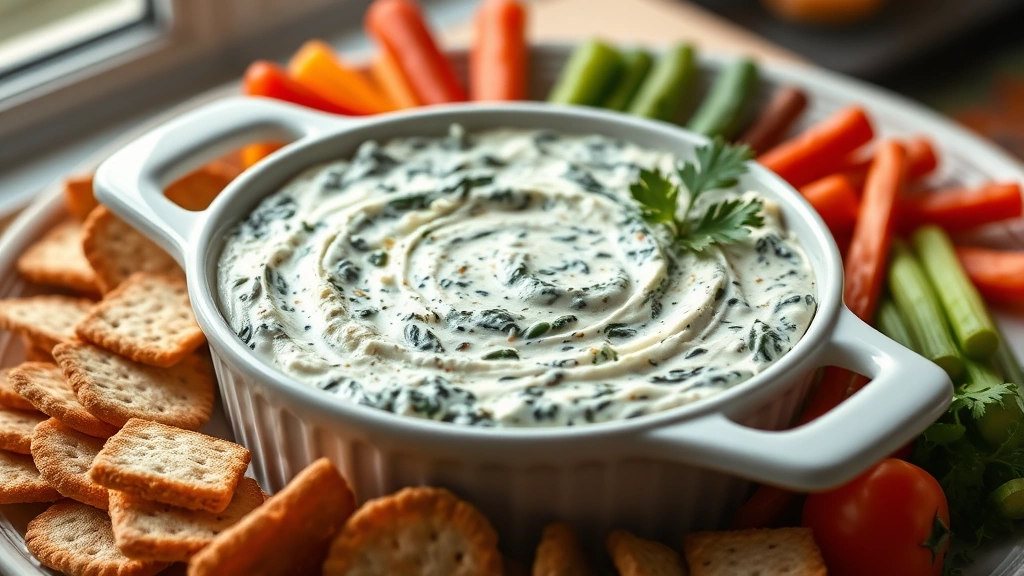 hero: creamy spinach dip in white ceramic baking dish, garnished with fresh parsley, surrounded by crackers and fresh vegetables, warm and inviting, photorealistic, natural window light, no text or watermarks