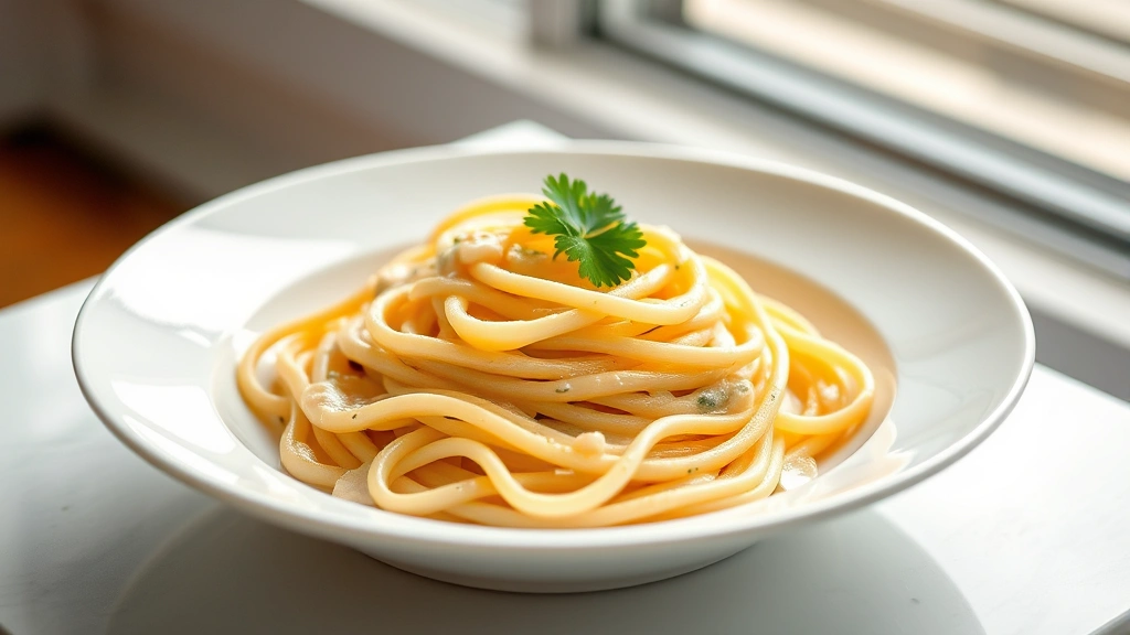 hero: elegant plated pasta with creamy sauce and fresh parsley garnish, single serving in white bowl, soft natural window light, shallow depth of field, photorealistic, no text