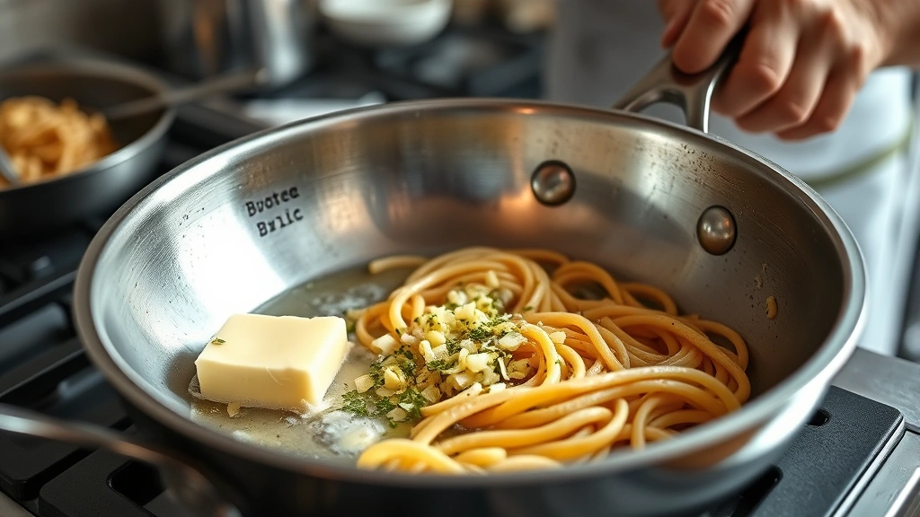 process: butter and garlic sizzling in stainless steel skillet with pasta visible in background, chef's hands cooking, natural kitchen lighting, photorealistic, no text