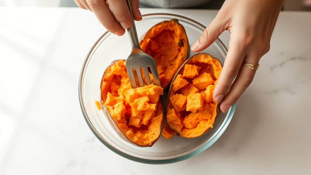 process: hands scooping soft sweet potato flesh from roasted potato halves into glass bowl, steam rising, natural kitchen light, overhead angle, no text