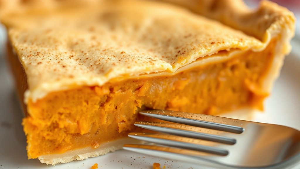 detail: close-up cross-section of sweet potato pie slice showing creamy velvety filling texture with cinnamon-spice color, flaky crust edge, fork about to take bite, shallow depth of field, no text