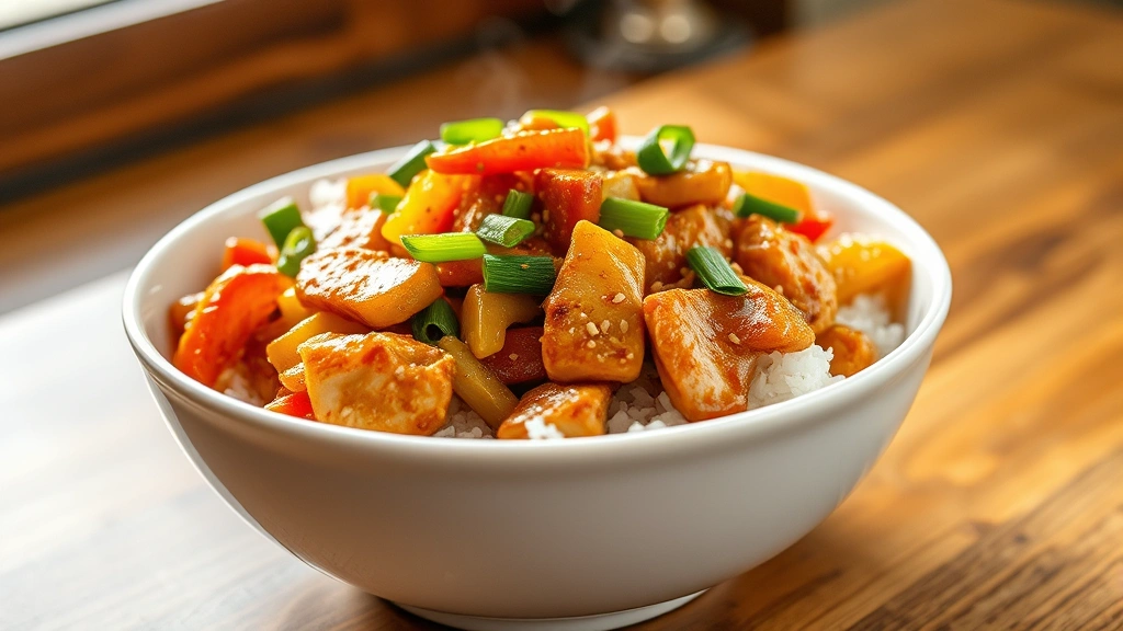 hero: vibrant asian stir-fry in white bowl over steamed white rice, colorful vegetables and tender chicken pieces glistening with glossy sauce, sesame seeds and green onions garnish, natural soft window light, shallow depth of field, steam rising slightly, wooden table background