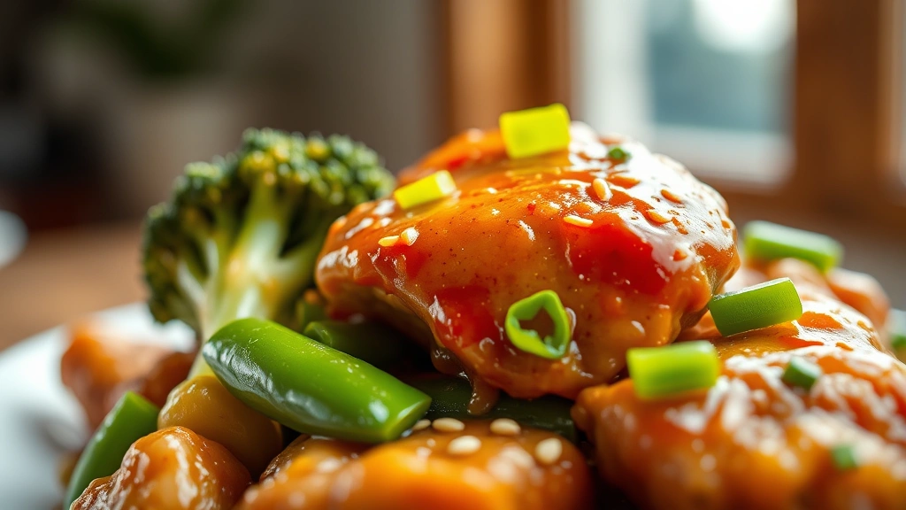 detail: extreme close-up macro shot of finished stir-fry showing glistening sauce coating chicken piece, broccoli floret, snap peas, sesame seeds, and green onion, shallow depth of field with artistic blur, natural daylight through window, food photography styling