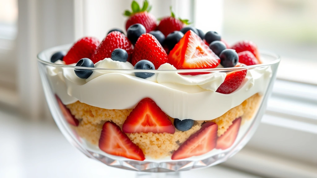 hero: elegant glass trifle bowl filled with distinct layers of golden pound cake, white whipped cream, and vibrant red strawberries and blueberries, garnished with fresh berries on top, photorealistic, natural window light, no text