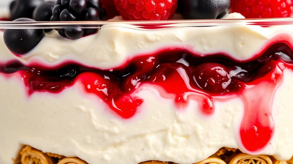 detail: close-up cross-section of trifle showing perfect layers of moist cake, fluffy cream, and juicy berries with visible juice, photorealistic, natural light, no text